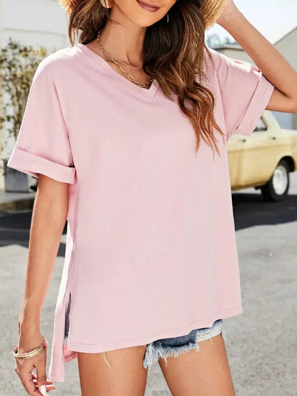 Blue Zone Planet |  Summer solid color v-neck short-sleeved top with short front and long rear slits BLUE ZONE PLANET