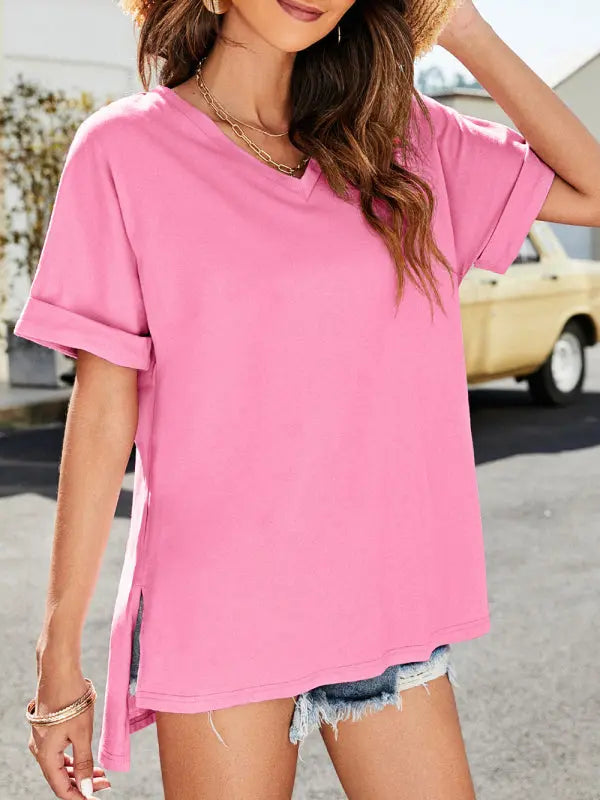 Blue Zone Planet |  Summer solid color v-neck short-sleeved top with short front and long rear slits BLUE ZONE PLANET