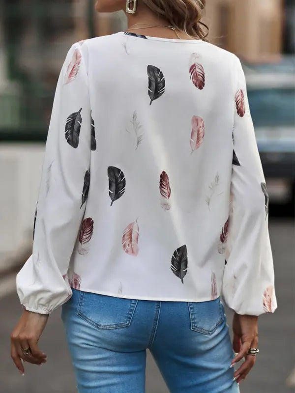 Blue Zone Planet |  V Neck Feather Print Long Sleeve Oversized T-Shirt Shirt BLUE ZONE PLANET