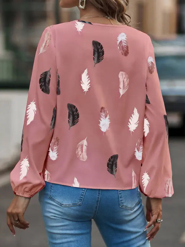 Blue Zone Planet |  V Neck Feather Print Long Sleeve Oversized T-Shirt Shirt BLUE ZONE PLANET