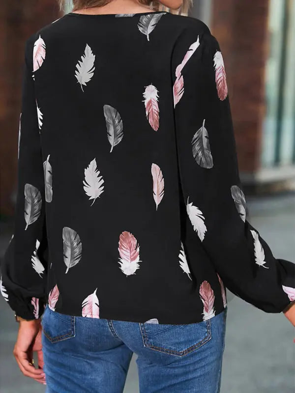 Blue Zone Planet |  V Neck Feather Print Long Sleeve Oversized T-Shirt Shirt BLUE ZONE PLANET