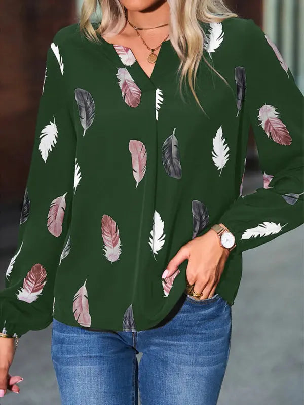 Blue Zone Planet |  V Neck Feather Print Long Sleeve Oversized T-Shirt Shirt BLUE ZONE PLANET