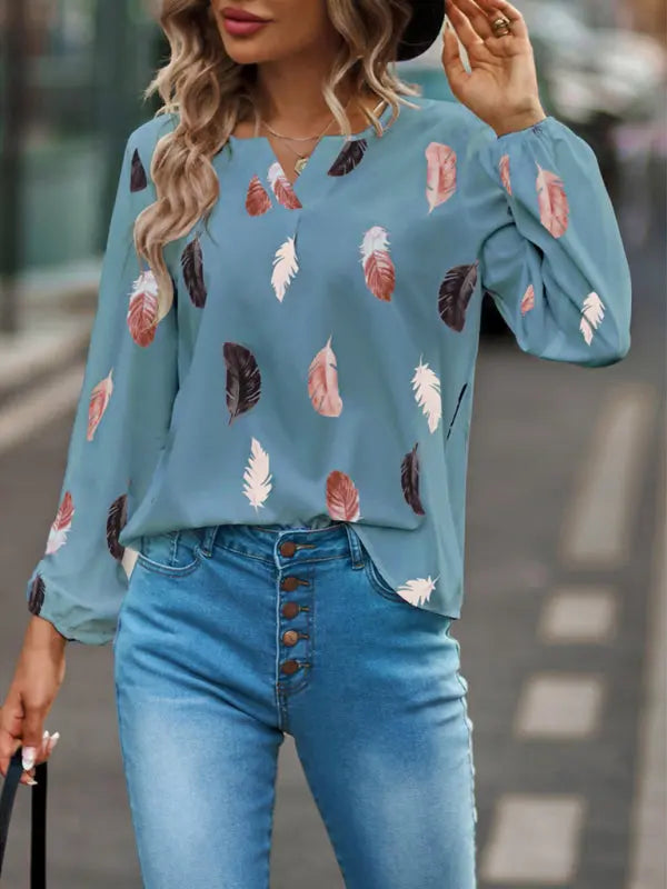 Blue Zone Planet |  V Neck Feather Print Long Sleeve Oversized T-Shirt Shirt BLUE ZONE PLANET
