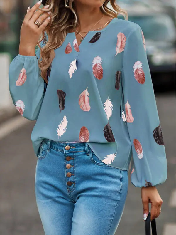 Blue Zone Planet |  V Neck Feather Print Long Sleeve Oversized T-Shirt Shirt BLUE ZONE PLANET