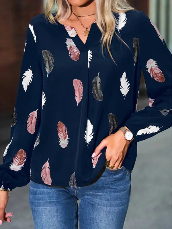 Blue Zone Planet |  V Neck Feather Print Long Sleeve Oversized T-Shirt Shirt BLUE ZONE PLANET