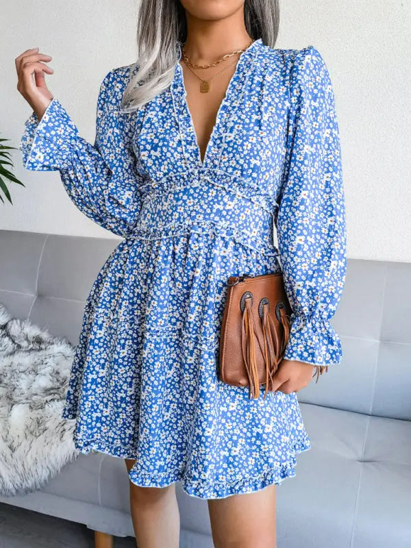 Blue Zone Planet |  V-neck flower wood ear Long Sleeve Chiffon Dress BLUE ZONE PLANET