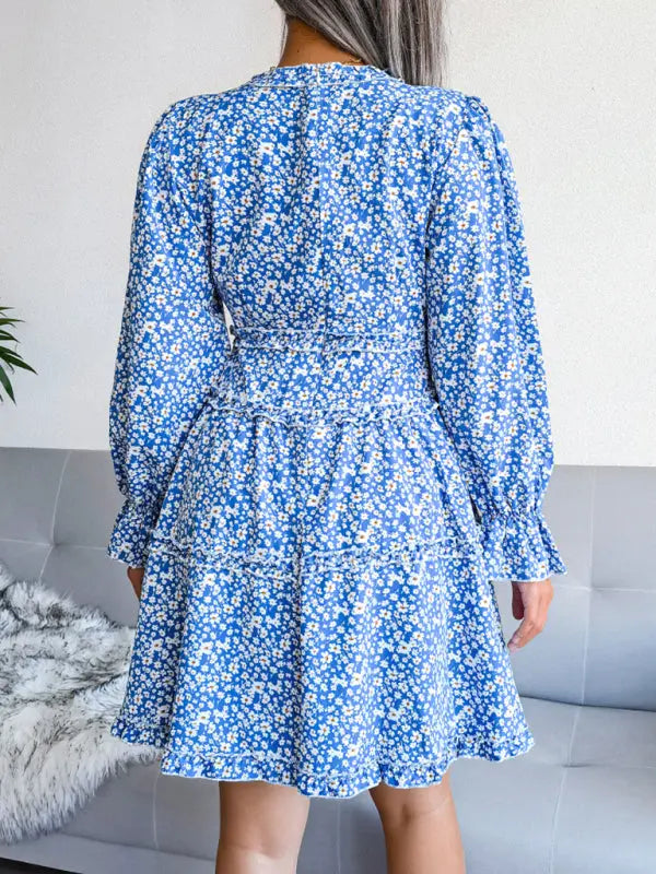 Blue Zone Planet |  V-neck flower wood ear Long Sleeve Chiffon Dress BLUE ZONE PLANET