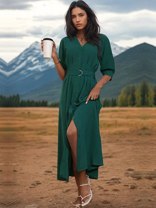 Blue Zone Planet |  V-neck mid-sleeve green dress with belt BLUE ZONE PLANET