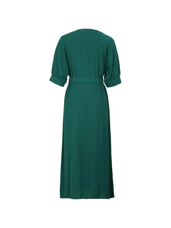 Blue Zone Planet |  V-neck mid-sleeve green dress with belt BLUE ZONE PLANET