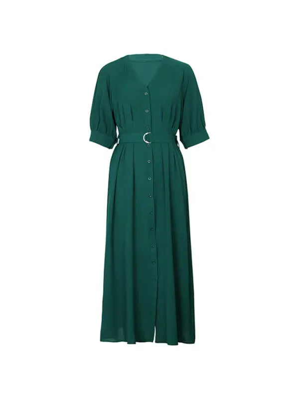 Blue Zone Planet |  V-neck mid-sleeve green dress with belt BLUE ZONE PLANET