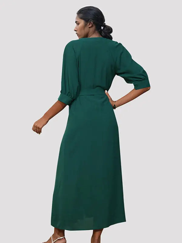 Blue Zone Planet |  V-neck mid-sleeve green dress with belt BLUE ZONE PLANET