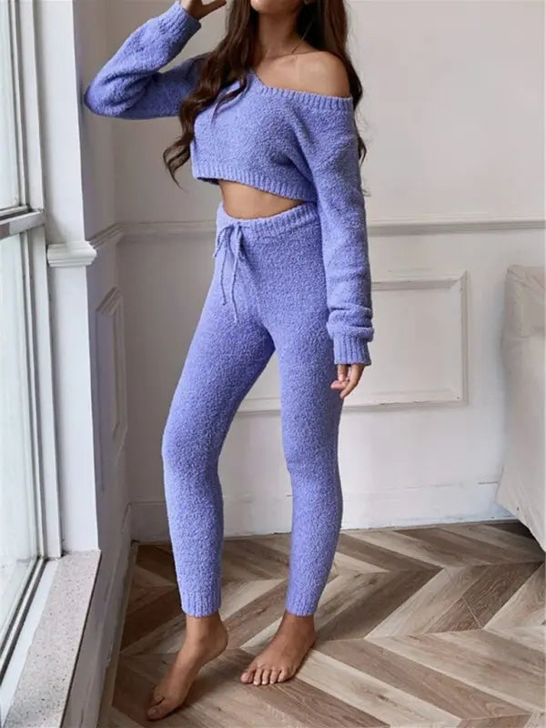 Blue Zone Planet |  V-neck short knitted sweater drawstring lace-up trousers suit BLUE ZONE PLANET