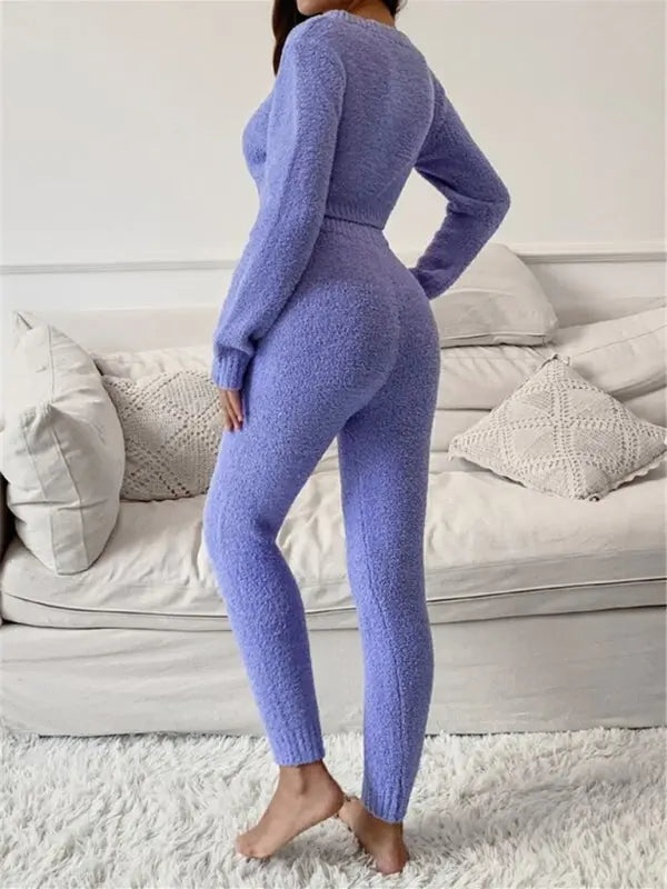 Blue Zone Planet |  V-neck short knitted sweater drawstring lace-up trousers suit BLUE ZONE PLANET