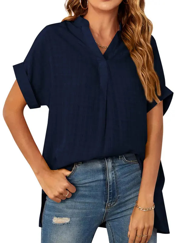 Blue Zone Planet |  V-neck short-sleeved striped thin loose check shirt BLUE ZONE PLANET