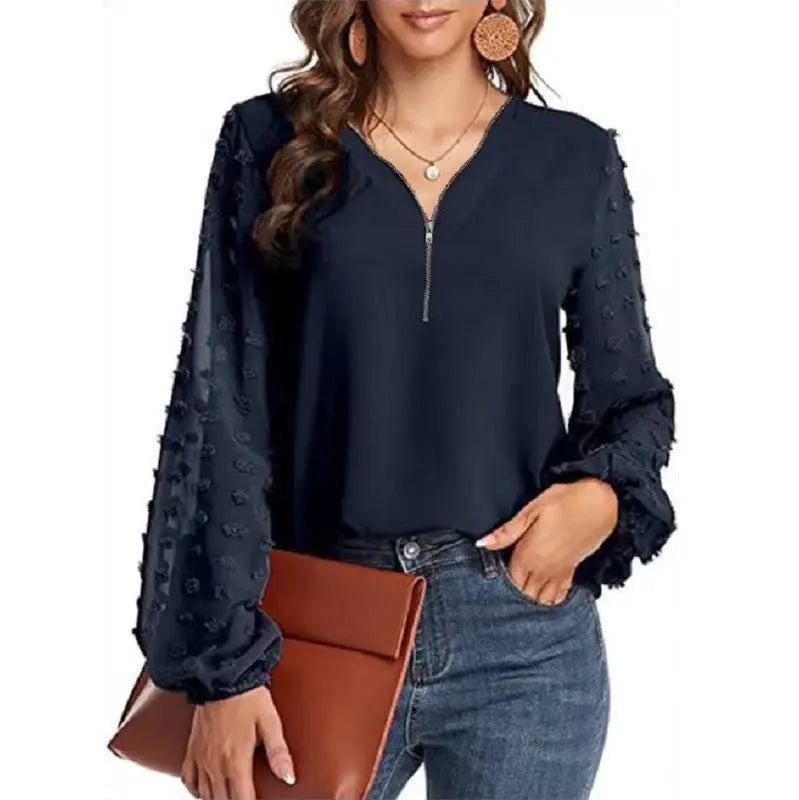 Blue Zone Planet | V-neck zipper loose chiffon shirt splicing hair ball long-sleeved top BLUE ZONE PLANET