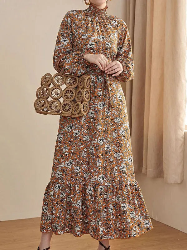 Blue Zone Planet |  Waist Chiffon Floral French Stand Collar Long Sleeve Dress BLUE ZONE PLANET