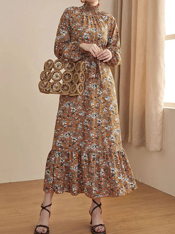 Blue Zone Planet |  Waist Chiffon Floral French Stand Collar Long Sleeve Dress BLUE ZONE PLANET