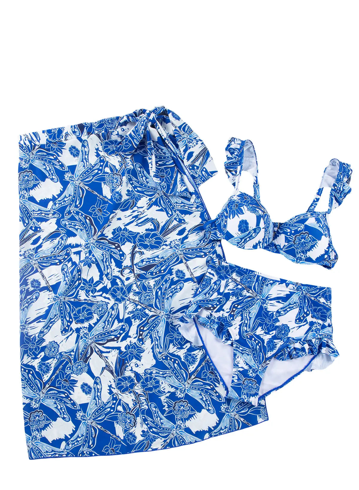 Blue Zone Planet |  White 3pcs Flower Print Ruffled Bikini with Cover up Blue Zone Planet