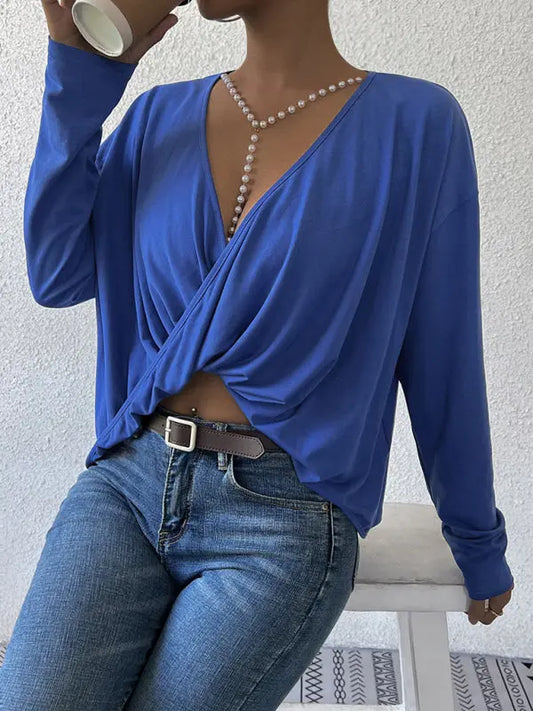 Blue Zone Planet |  Woman'S Autumn And Winter V-Neck Blue Top Irregular Loose Long-Sleeved Navel T-Shirt BLUE ZONE PLANET
