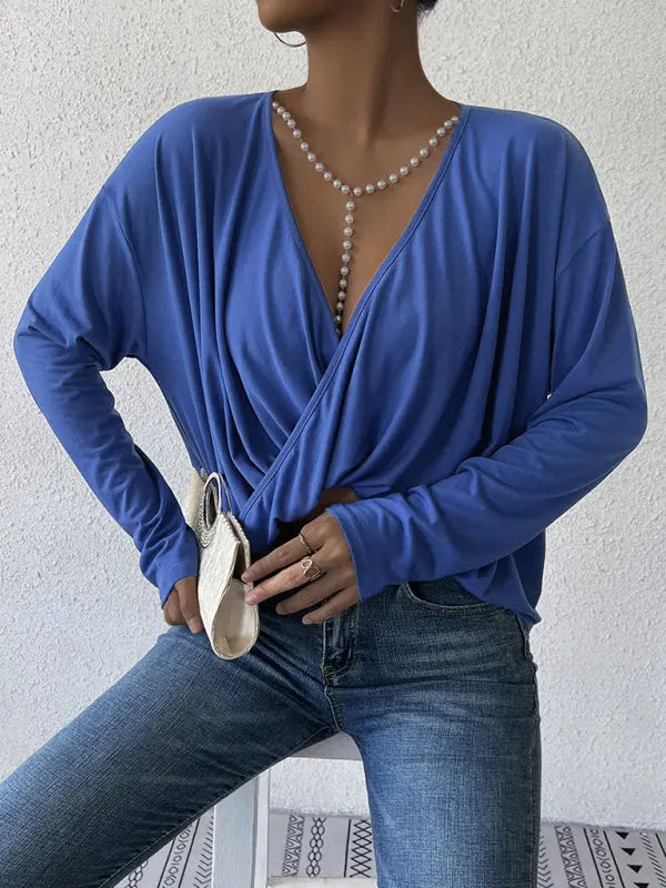 Blue Zone Planet |  Woman'S Autumn And Winter V-Neck Blue Top Irregular Loose Long-Sleeved Navel T-Shirt BLUE ZONE PLANET