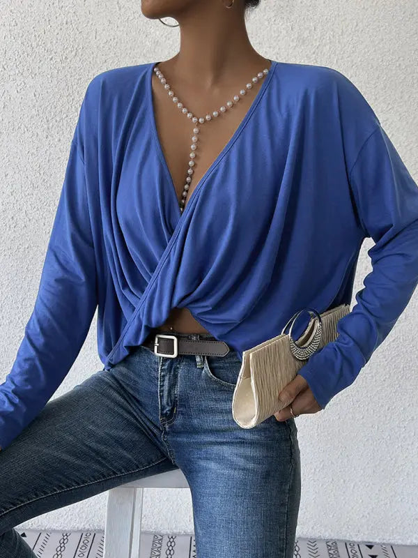 Blue Zone Planet |  Woman'S Autumn And Winter V-Neck Blue Top Irregular Loose Long-Sleeved Navel T-Shirt BLUE ZONE PLANET