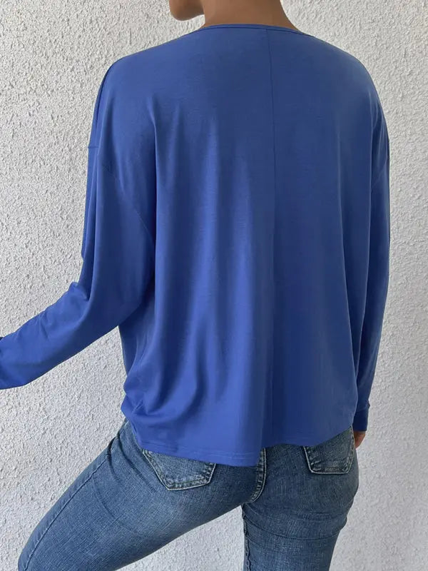 Blue Zone Planet |  Woman'S Autumn And Winter V-Neck Blue Top Irregular Loose Long-Sleeved Navel T-Shirt BLUE ZONE PLANET