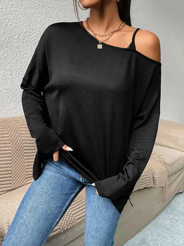 Blue Zone Planet |  Woman'S Autumn Solid Color Slanted Shoulder Spaghetti Strap Top Loose Long-Sleeved T-Shirt BLUE ZONE PLANET