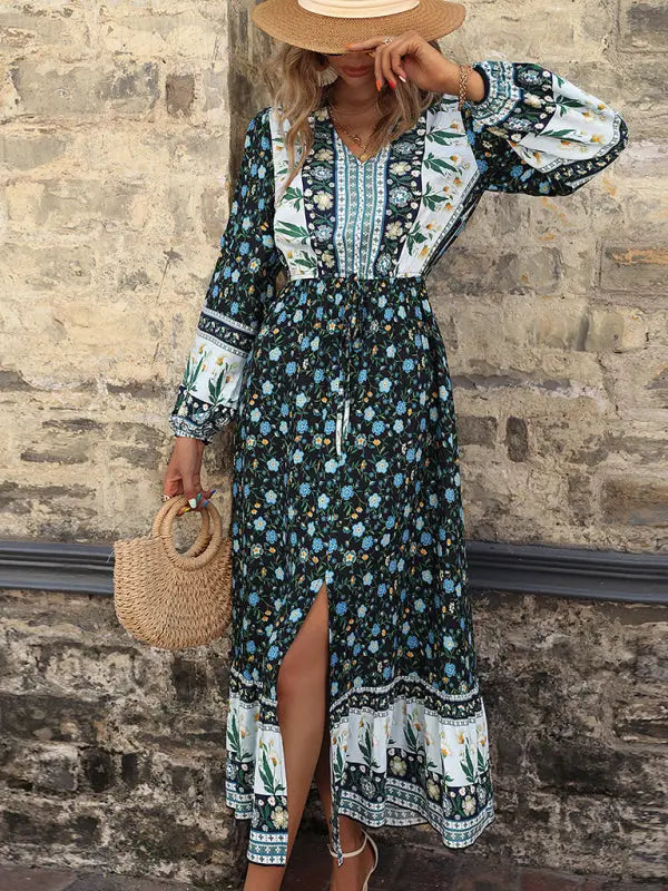 Blue Zone Planet |  Women'S Fall New V-Neck Puff Sleeve Boho Print Long Sleeve Slit Dress kakaclo