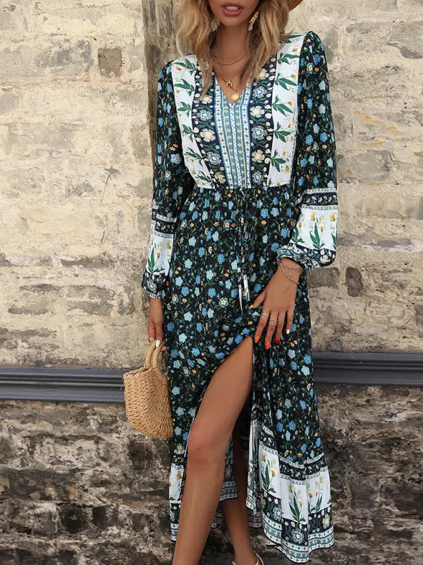 Blue Zone Planet |  Women'S Fall New V-Neck Puff Sleeve Boho Print Long Sleeve Slit Dress kakaclo