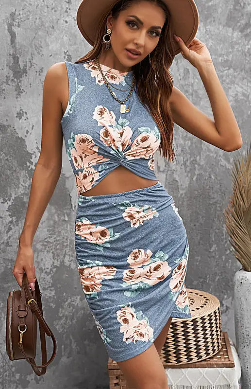 Blue Zone Planet |  Women’s Summer Floral Print Cut Out Wrap Tie Knot Dress BLUE ZONE PLANET