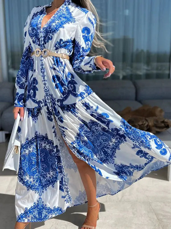 Blue Zone Planet |  Women's Woven Loose Vintage Style Vacation Long Sleeve Dress kakaclo