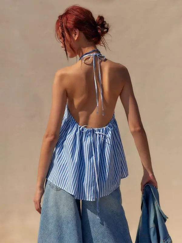 Blue Zone Planet |  Y2K striped strappy backless hot top BLUE ZONE PLANET