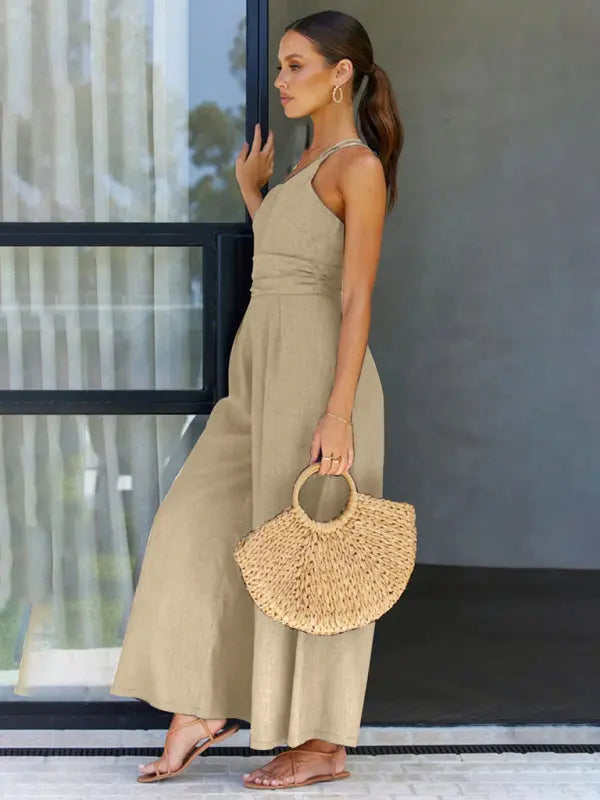 Blue Zone Planet | , comfortable and refreshing sleeveless waistless backless loose wide-leg jumpsuit BLUE ZONE PLANET