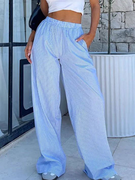 Blue Zone Planet |  able casual striped trousers striped printed wide leg trousers kakaclo
