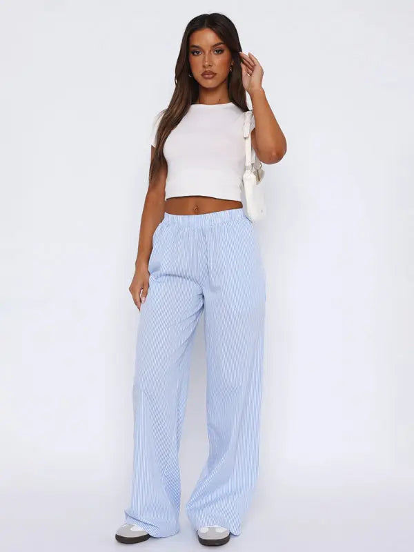 Blue Zone Planet |  able casual striped trousers striped printed wide leg trousers kakaclo