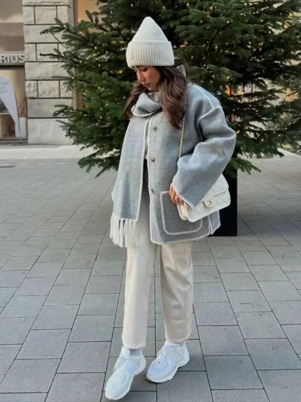 Blue Zone Planet | autumn and winter fashion woolen coat thickened loose with scarf tassels for women kakaclo