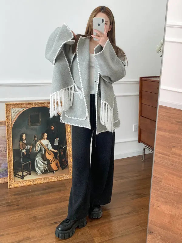 Blue Zone Planet | autumn and winter woolen coat thickened loose with scarf tassels for women BLUE ZONE PLANET