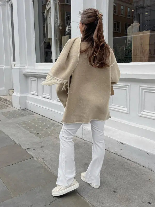 Blue Zone Planet | autumn and winter woolen coat thickened loose with scarf tassels for women BLUE ZONE PLANET