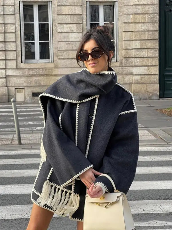 Blue Zone Planet | autumn and winter woolen coat thickened loose with scarf tassels for women BLUE ZONE PLANET