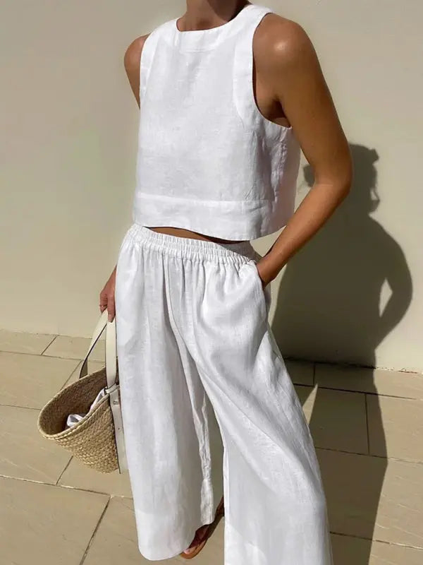 Blue Zone Planet | casual loose solid color sleeveless shirt trousers two-piece set kakaclo