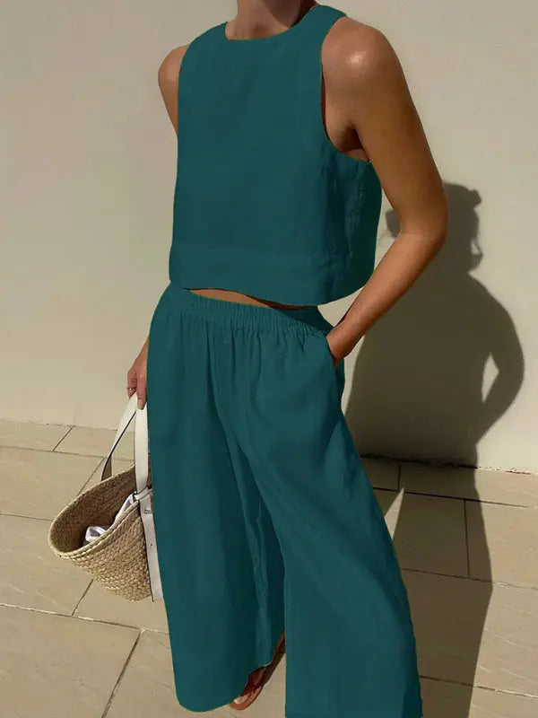 Blue Zone Planet | casual loose solid color sleeveless shirt trousers two-piece set kakaclo