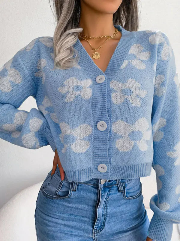 Blue Zone Planet |  contrast color flower lantern sleeve cardigan sweater coat BLUE ZONE PLANET