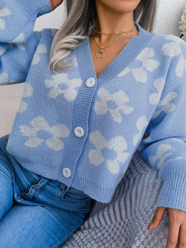 Blue Zone Planet |  contrast color flower lantern sleeve cardigan sweater coat BLUE ZONE PLANET