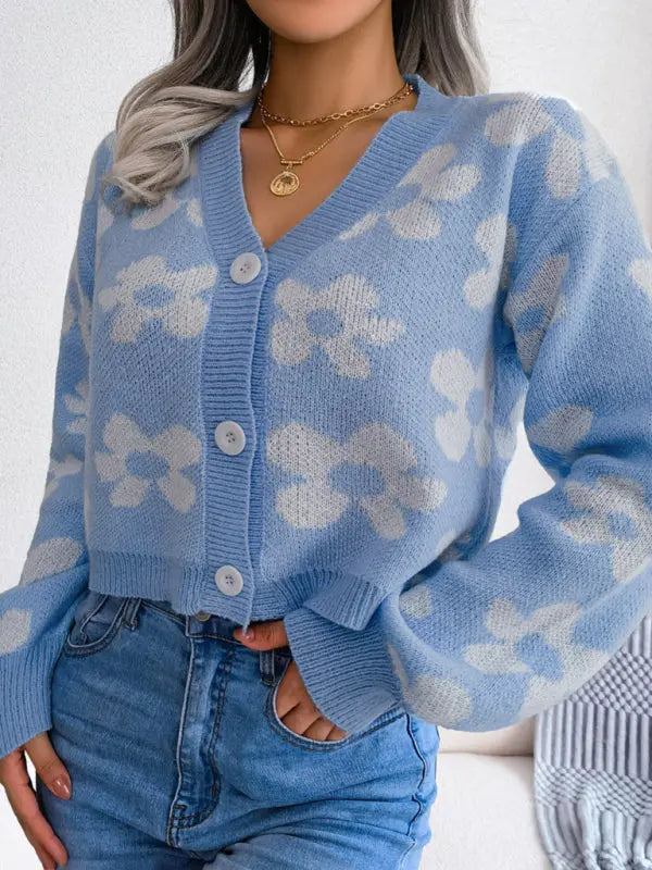 Blue Zone Planet |  contrast color flower lantern sleeve cardigan sweater coat BLUE ZONE PLANET