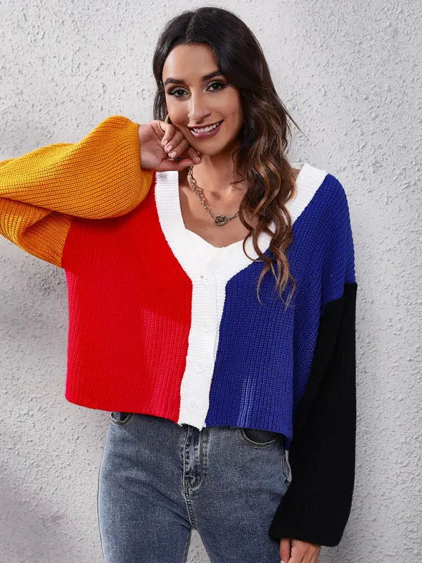Blue Zone Planet |  contrast color knitted cardigan Color Matching short sweater BLUE ZONE PLANET