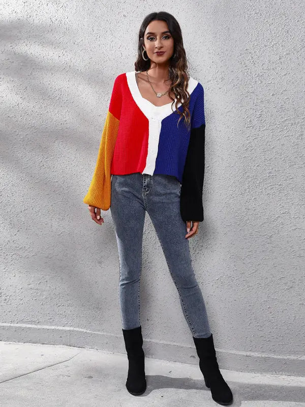 Blue Zone Planet |  contrast color knitted cardigan Color Matching short sweater BLUE ZONE PLANET