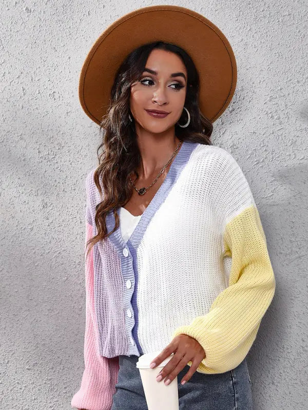 Blue Zone Planet |  contrast color knitted cardigan Color Matching short sweater BLUE ZONE PLANET