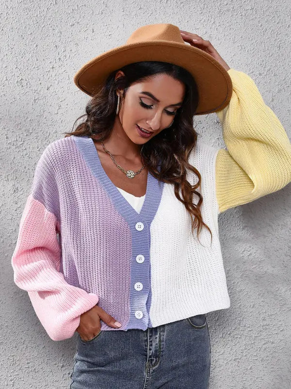 Blue Zone Planet |  contrast color knitted cardigan Color Matching short sweater BLUE ZONE PLANET