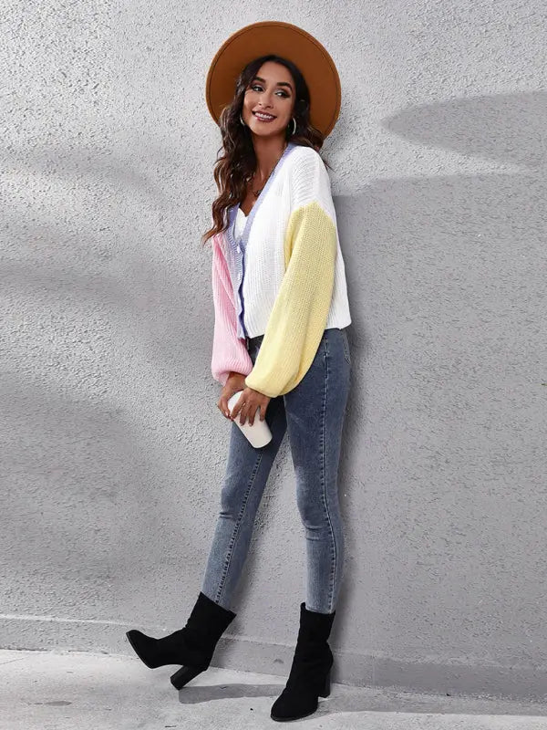Blue Zone Planet |  contrast color knitted cardigan Color Matching short sweater BLUE ZONE PLANET