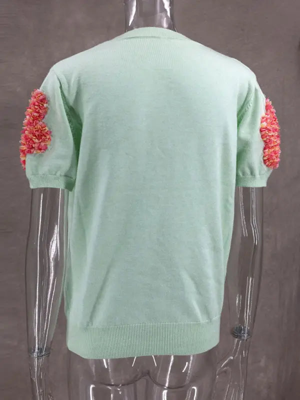 Blue Zone Planet |  contrasting flower sweet pink round neck short-sleeved sweater BLUE ZONE PLANET